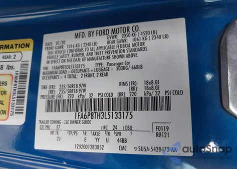 2020 Ford Mustang Ecoboost Fastback z USA, uszkodzony, nr VIN 1FA6P8TH3L5133175